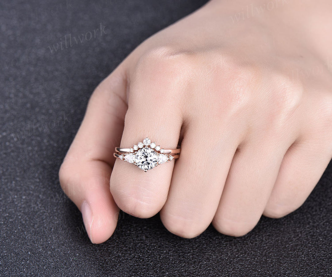 Round cut moissanite ring vintage moissanite engagement ring set five stone rose gold unique engagement ring promise bridal wedding ring set