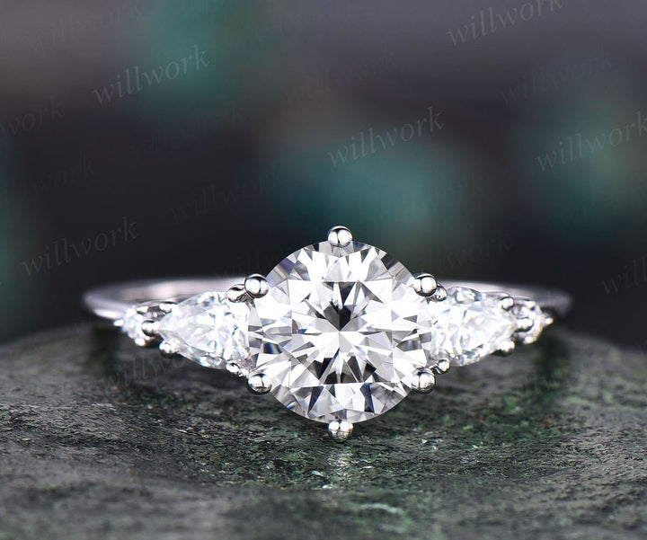 Round cut moissanite ring vintage moissanite engagement ring set five stone rose gold unique engagement ring promise bridal wedding ring set