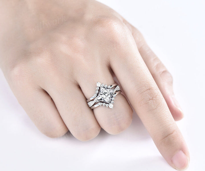 Moissanite ring vintage princess cut moissanite engagement ring set rose gold unique engagement ring twisted diamond wedding ring set women
