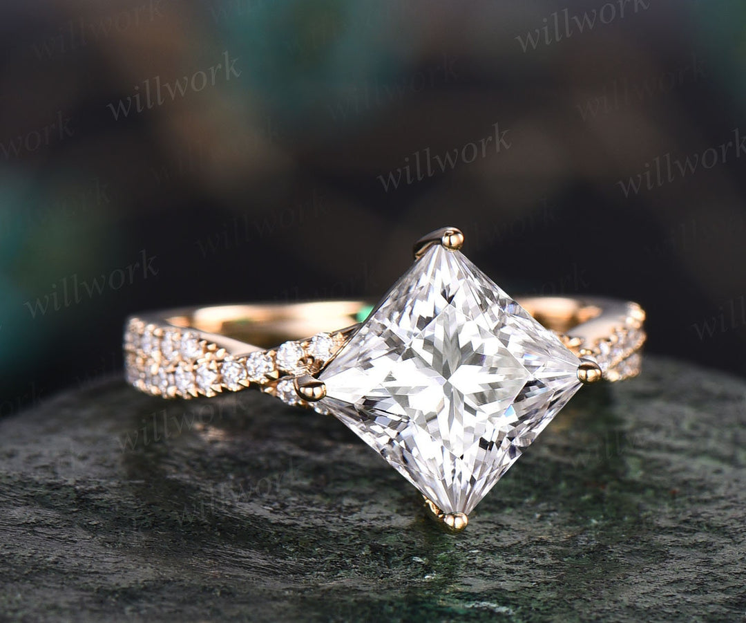 Moissanite ring vintage princess cut moissanite engagement ring set rose gold unique engagement ring twisted diamond wedding ring set women