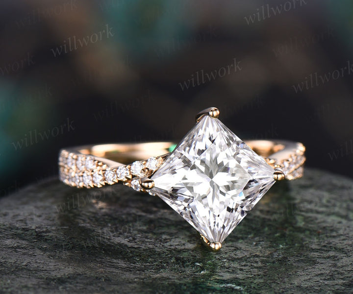 Moissanite ring vintage princess cut moissanite engagement ring set rose gold unique engagement ring twisted diamond wedding ring set women