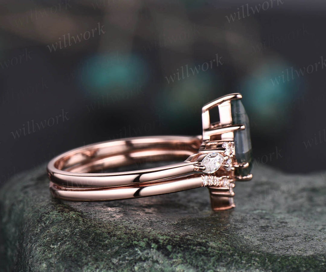 Kite cut black rutilated quartz ring engagement ring marquise rose gold 6 prong engagement ring women moissanite ring set promise ring set