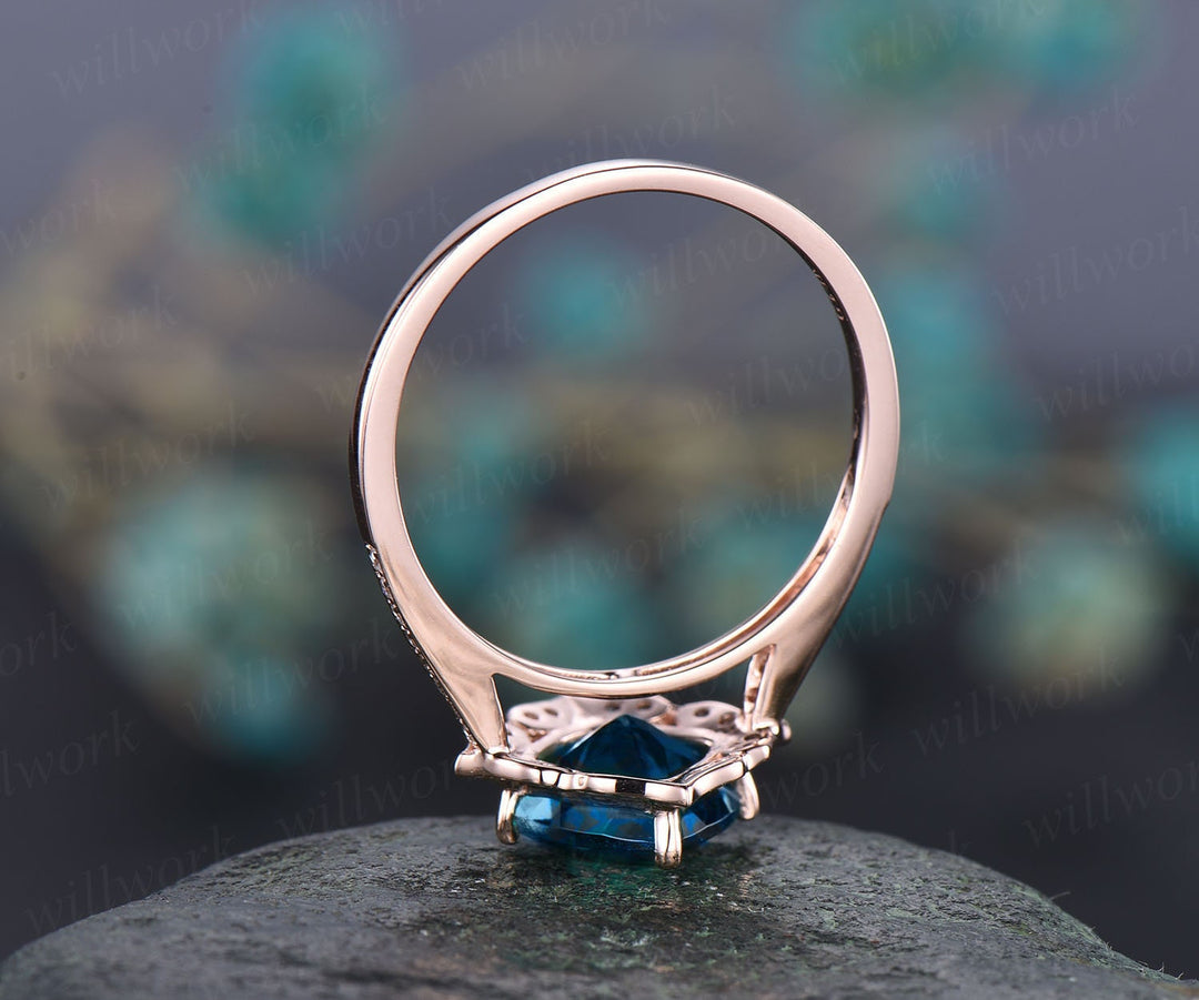 Cushion cut London blue topaz ring vintage London blue topaz engagement ring rose gold flower halo engagement ring diamond anniversary ring