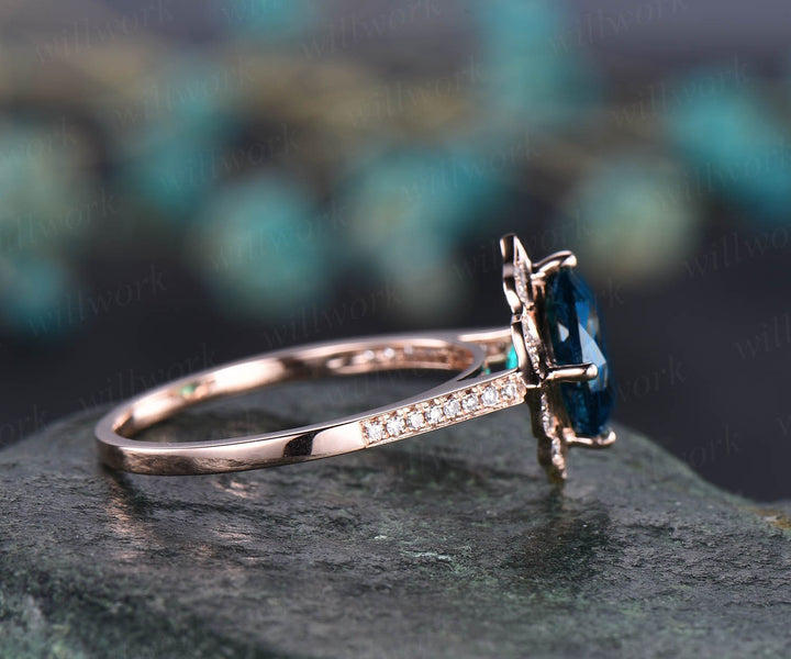 Cushion cut London blue topaz ring vintage London blue topaz engagement ring rose gold flower halo engagement ring diamond anniversary ring