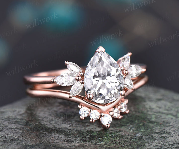 Moissanite ring set Pear shaped Moissanite engagement ring set art deco cluster unique rose gold engagement ring women bridal promise ring