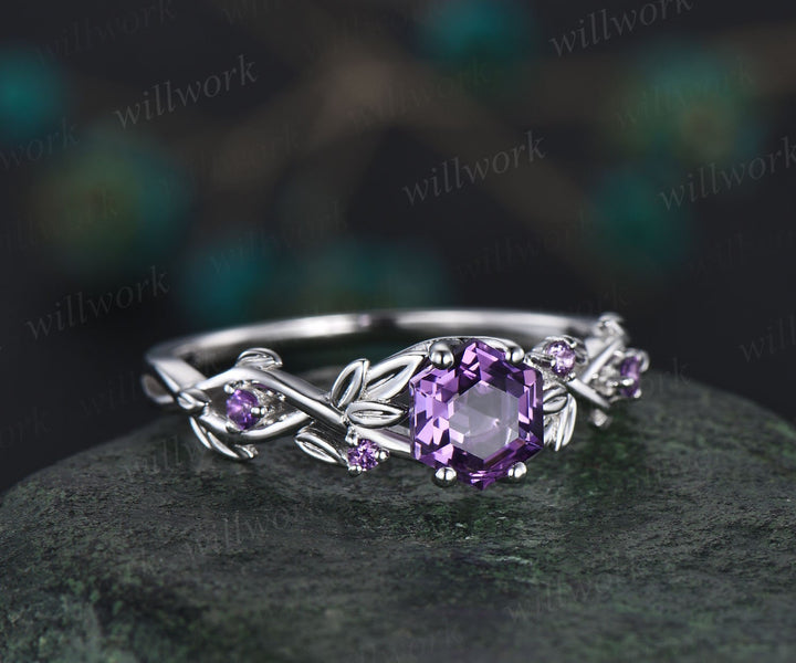 Amethyst ring vintage hexagon cut Amethyst engagement ring 14k white gold leaf ring twisted wedding ring women February birthstone ring gift