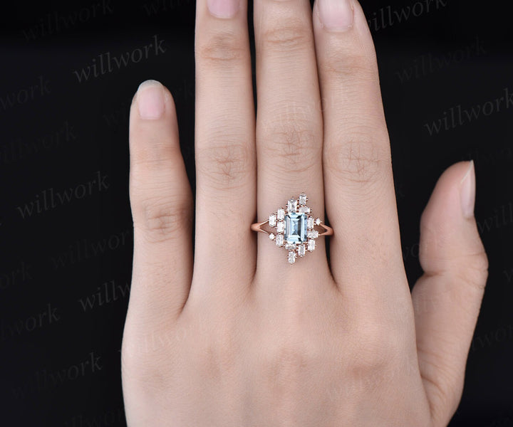 Aquamarine ring Emerald cut aquamarine engagement ring unique cluster split shank engagement ring vintage baguette cut diamond ring women