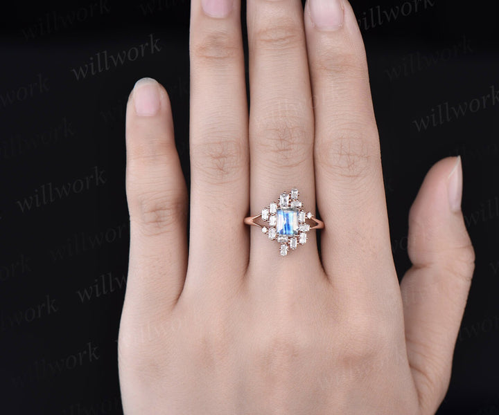 Moonstone ring vintage Emerald cut moonstone engagement ring baguette cut split shank engagement ring rose gold promise wedding ring women