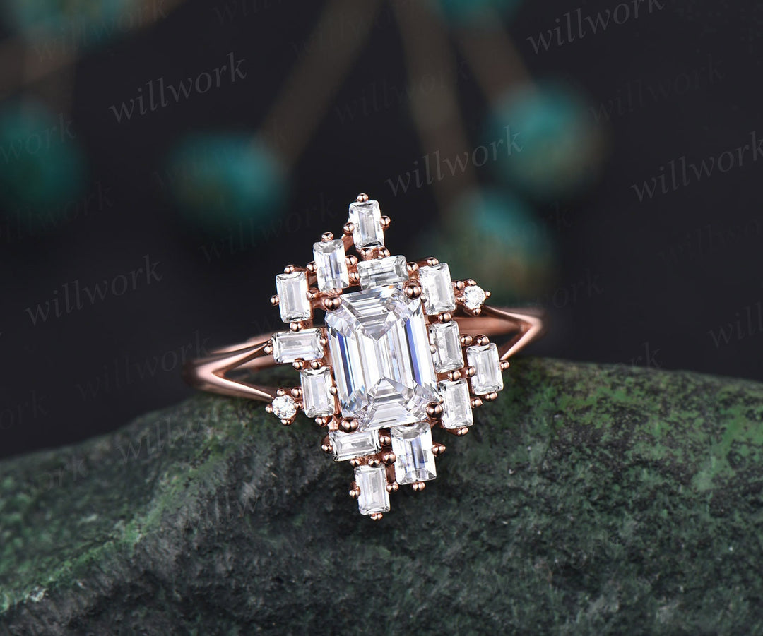 Moissanite ring gold vintage Emerald cut moissanite engagement ring unique cluster baguette cut engagement ring split shank wedding ring