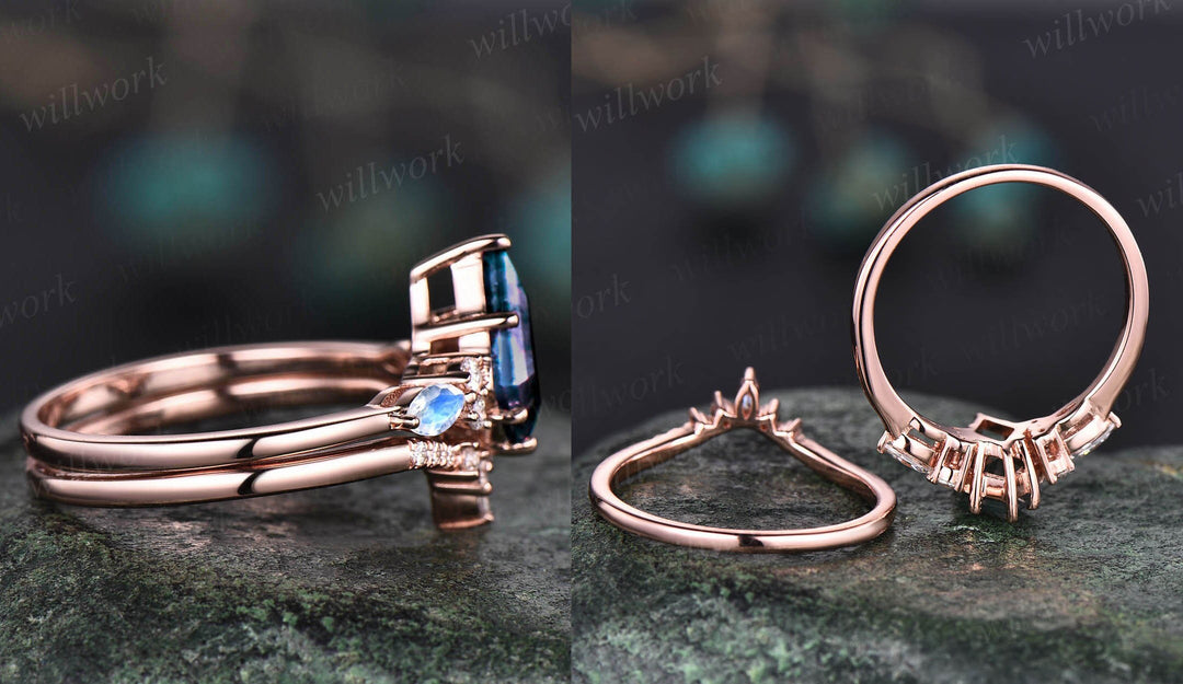 Alexandrite wedding ring set 7x10mm kite cut Alexandrite engagement ring set 14k rose gold moonstone ring women June birthstone ring gifts