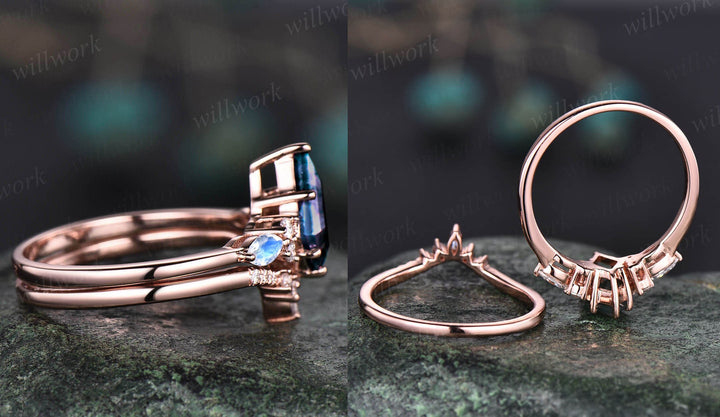 Alexandrite wedding ring set 7x10mm kite cut Alexandrite engagement ring set 14k rose gold moonstone ring women June birthstone ring gifts