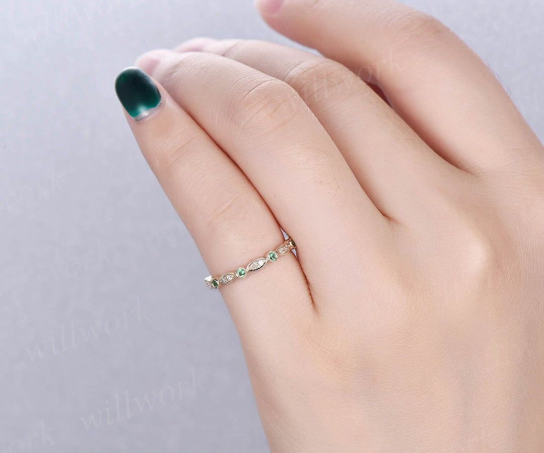 Natural tsavorite wedding band Milgrain diamond wedding ring 14k rose gold half eternity art deco matching stacking anniversary ring gifts