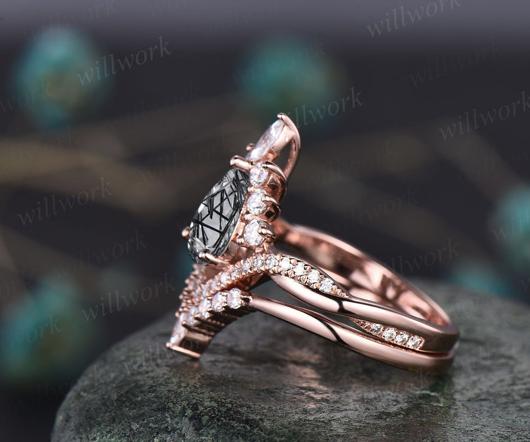 Vintage pear shaped black Rutilated Quartz engagement ring set 14k rose gold twisted infinity moissanite wedding bridal ring set women gifts