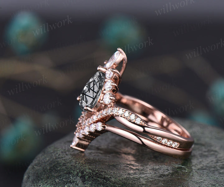Vintage pear shaped black Rutilated Quartz engagement ring set 14k rose gold twisted infinity moissanite wedding bridal ring set women gifts