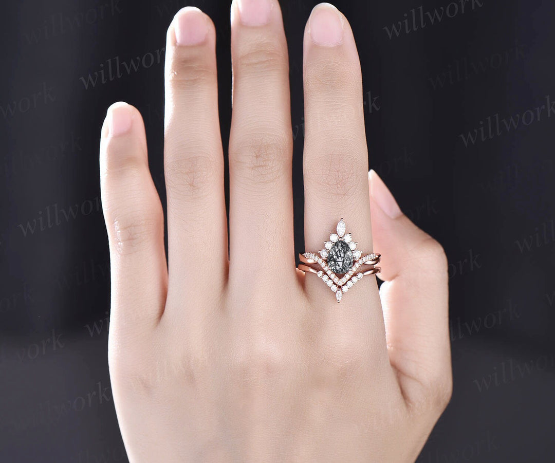 Vintage pear shaped black Rutilated Quartz engagement ring set 14k rose gold twisted infinity moissanite wedding bridal ring set women gifts