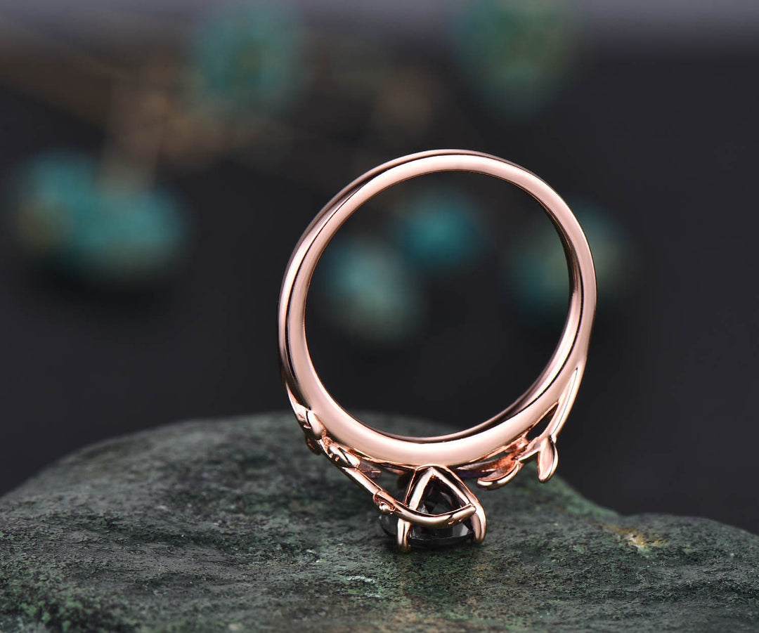 Pear shaped black rutilated quartz ring nature inspired engagement ring leaf 14k rose gold silver solitaire ring unique wedding ring women