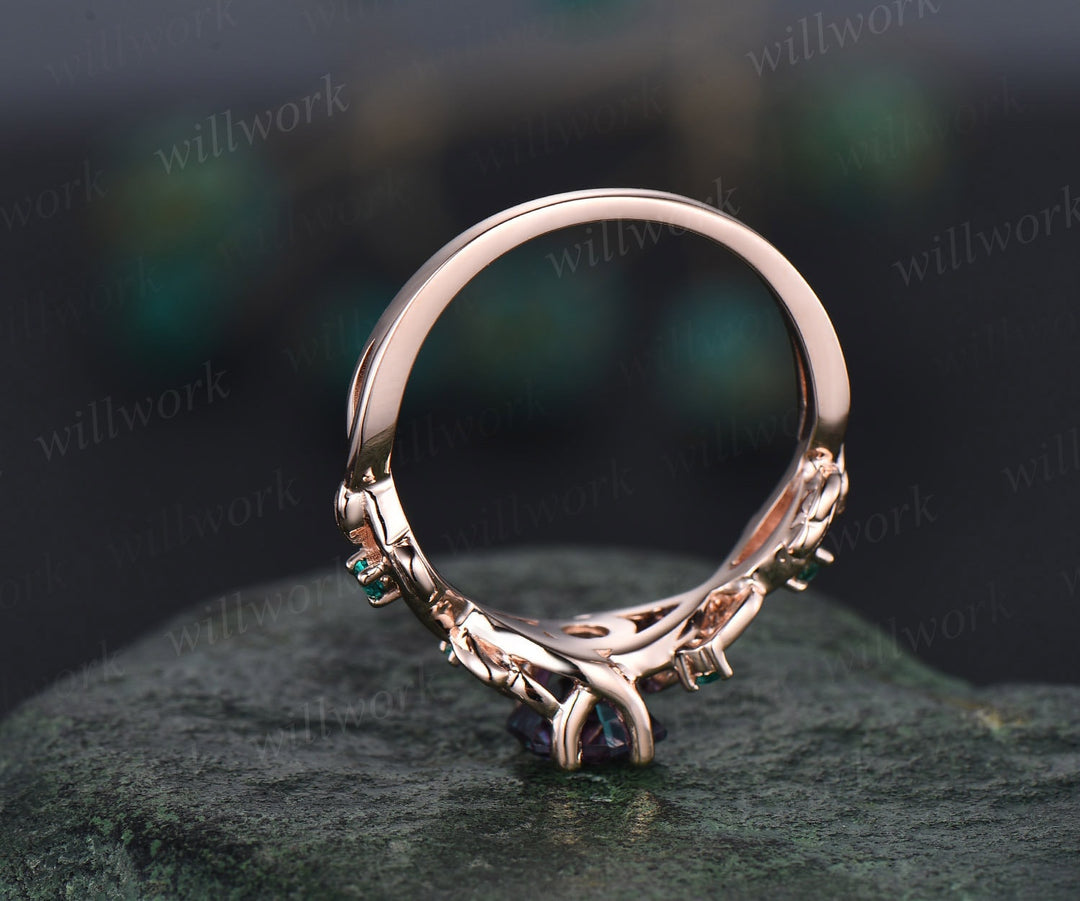 2ct Alexandrite ring vintage hexagon cut Alexandrite engagement ring rose gold leaf emerald ring silver June birthstone ring promise ring