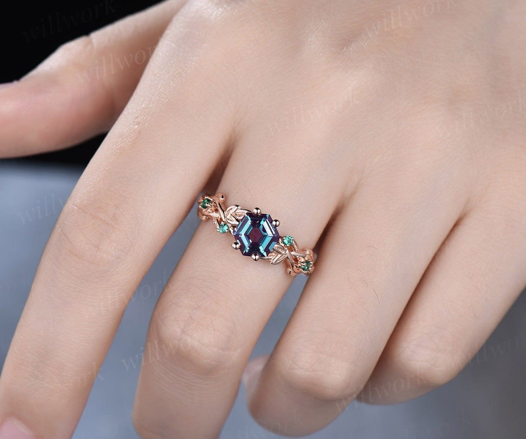2ct Alexandrite ring vintage hexagon cut Alexandrite engagement ring rose gold leaf emerald ring silver June birthstone ring promise ring