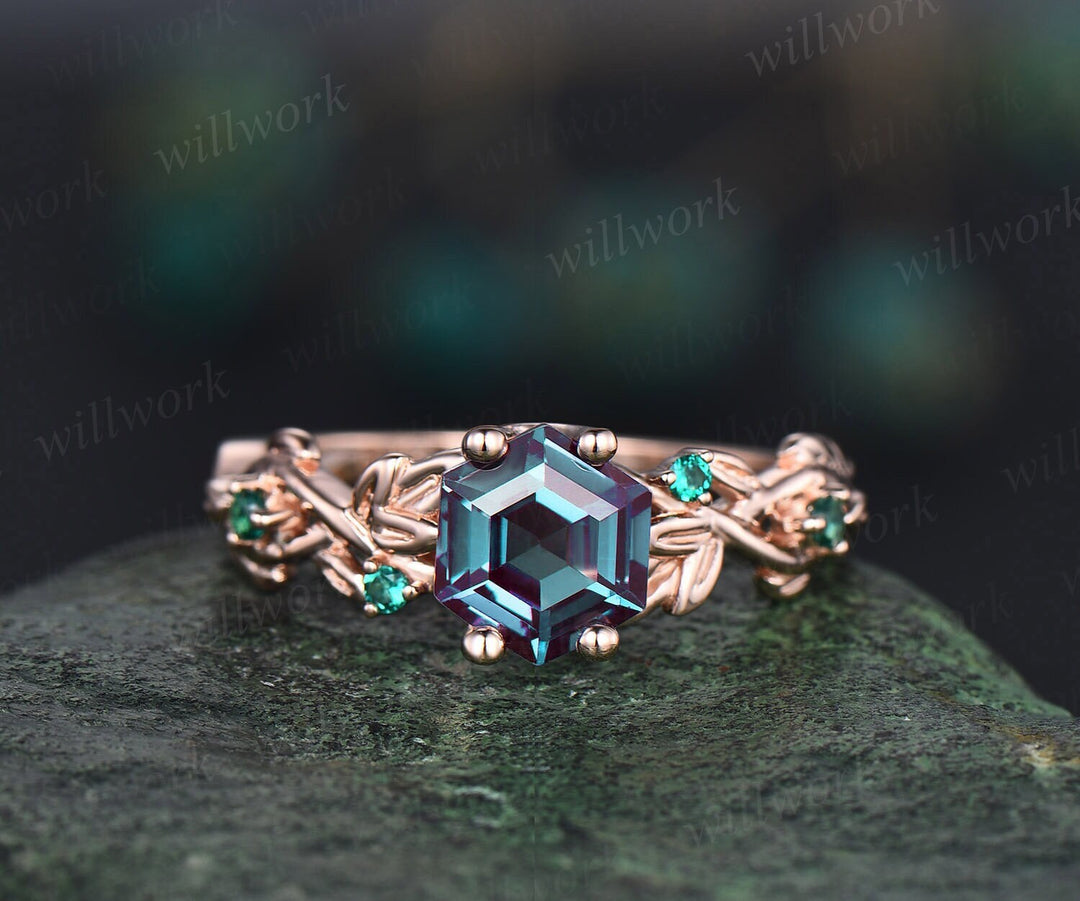 2ct Alexandrite ring vintage hexagon cut Alexandrite engagement ring rose gold leaf emerald ring silver June birthstone ring promise ring
