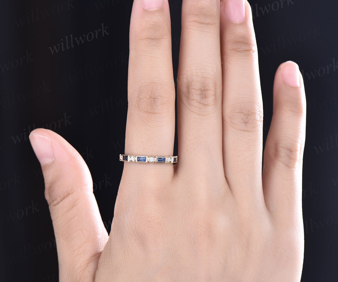 Baguette cut sapphire wedding band Milgrain full eternity diamond wedding ring band 14k yellow gold vintage unique anniversary ring gifts