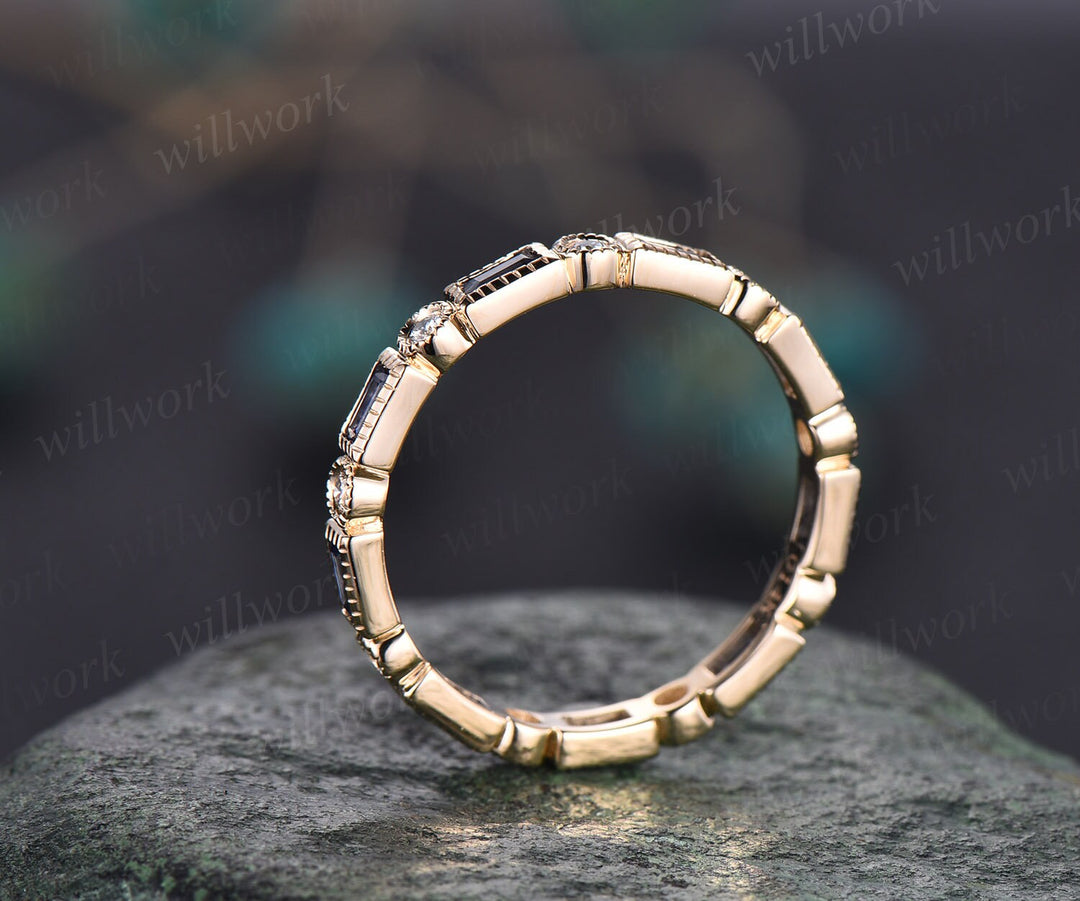 Baguette cut sapphire wedding band Milgrain full eternity diamond wedding ring band 14k yellow gold vintage unique anniversary ring gifts