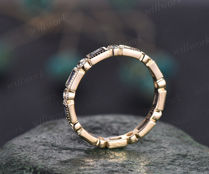 Baguette cut sapphire wedding band Milgrain full eternity diamond wedding ring band 14k yellow gold vintage unique anniversary ring gifts