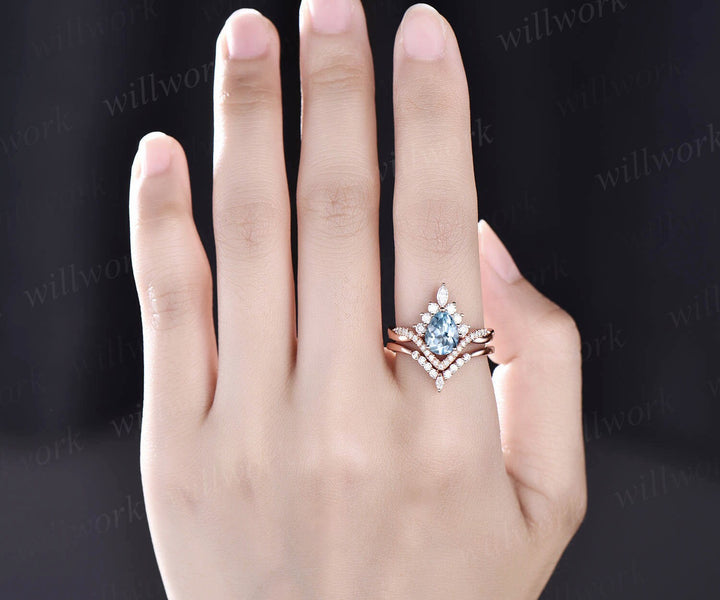 Aquamarine ring set vintage pear shaped aquamarine engagement ring set unique halo rose gold engagement ring women moissanite promise ring