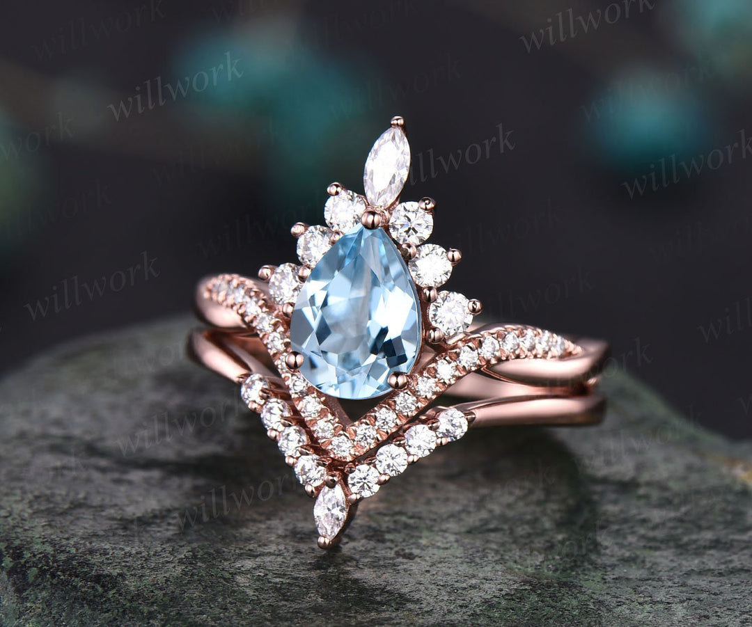 Aquamarine ring set vintage pear shaped aquamarine engagement ring set unique halo rose gold engagement ring women moissanite promise ring