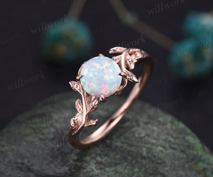 Round opal ring for women unique dainty vintage opal engagement ring leaf flower art deco 14k rose gold silver wedding bridal promise ring