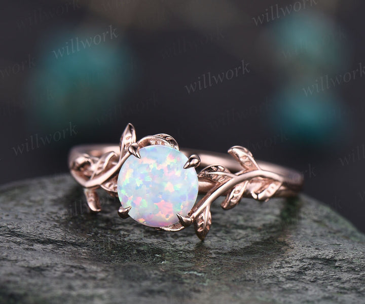 Round opal ring for women unique dainty vintage opal engagement ring leaf flower art deco 14k rose gold silver wedding bridal promise ring
