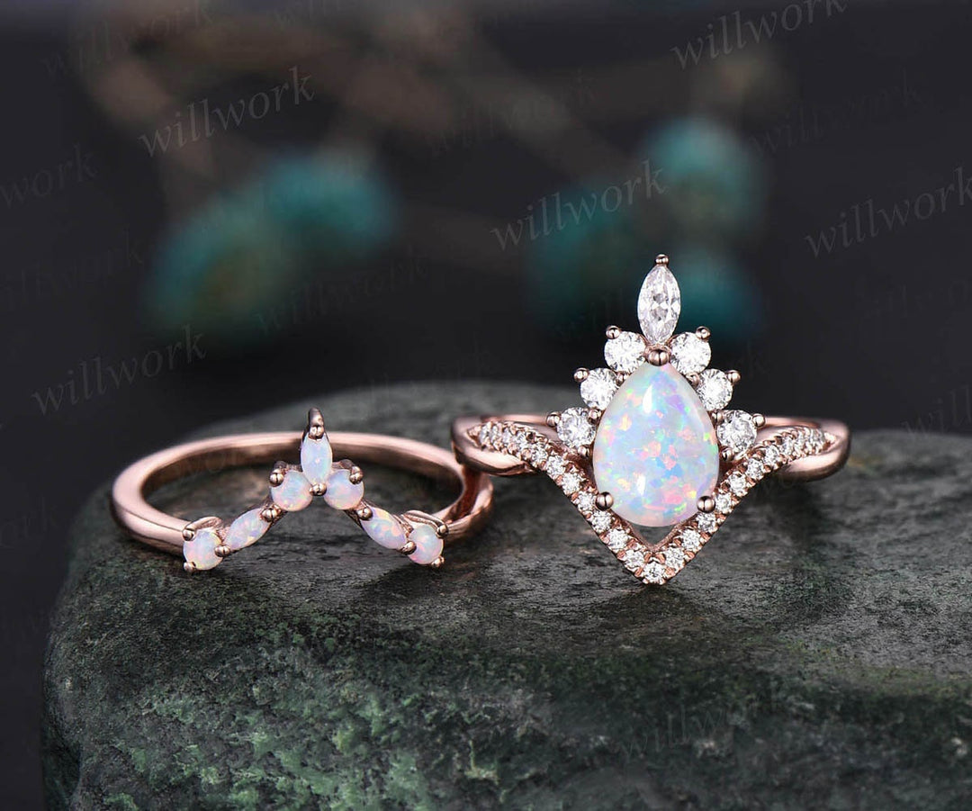 Opal ring gold women vintage pear opal engagement ring set rose gold marquise ring set Twisted moissanite ring dainty custom wedding ring