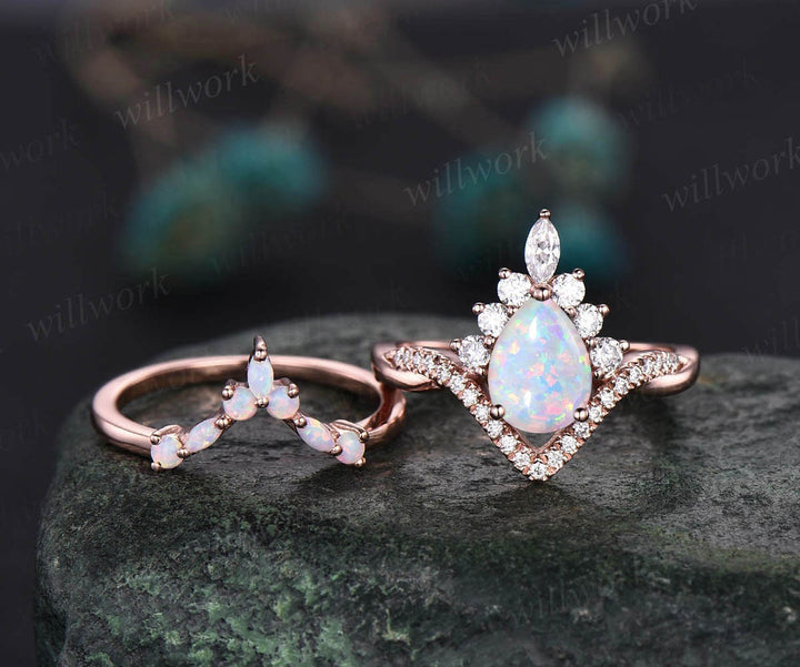 Opal ring gold women vintage pear opal engagement ring set rose gold marquise ring set Twisted moissanite ring dainty custom wedding ring