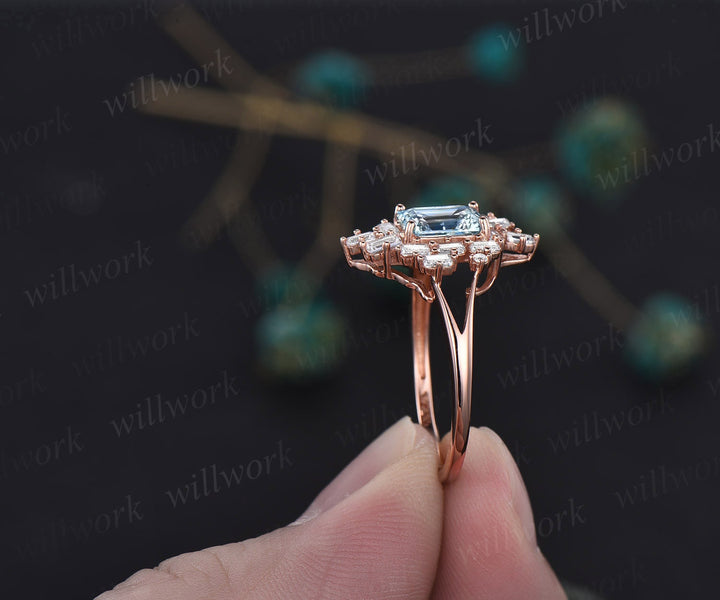 Aquamarine ring Emerald cut aquamarine engagement ring unique cluster split shank engagement ring vintage baguette cut diamond ring women
