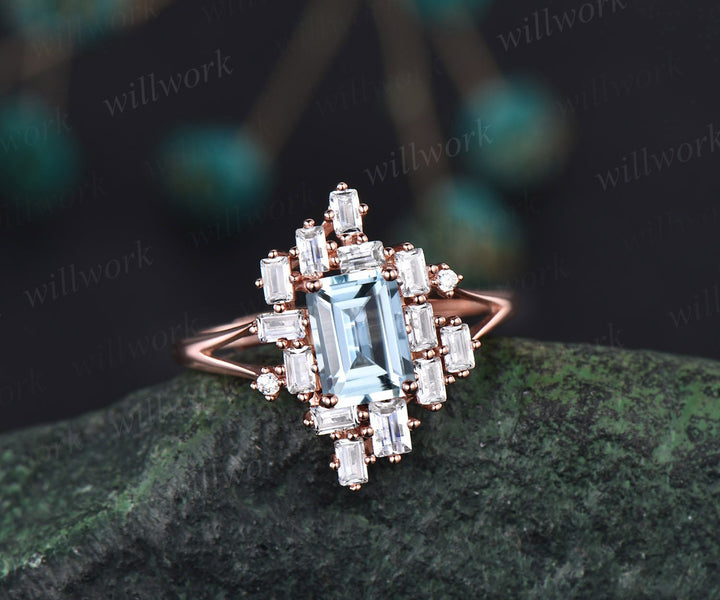 Aquamarine ring Emerald cut aquamarine engagement ring unique cluster split shank engagement ring vintage baguette cut diamond ring women