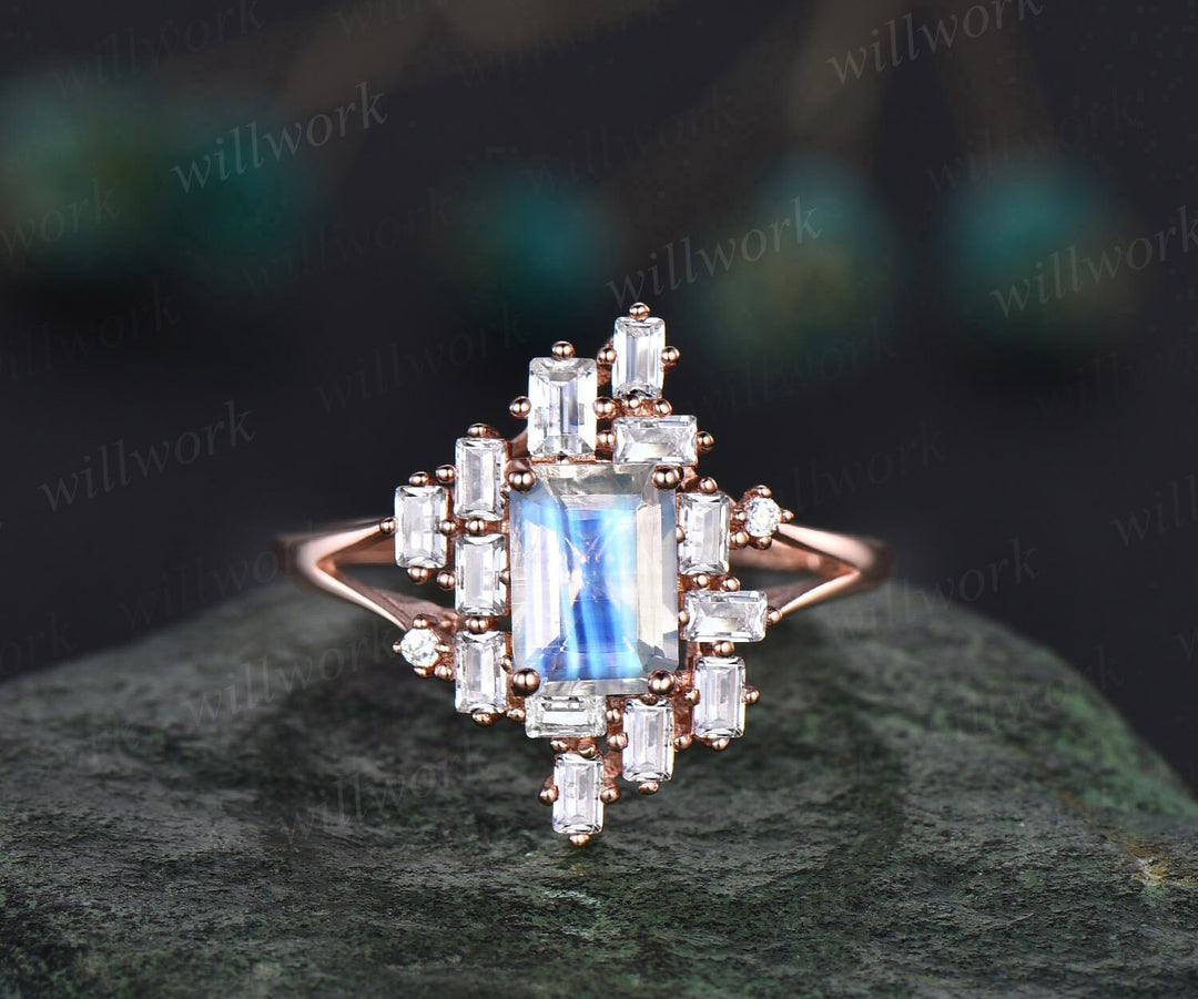 Moonstone ring vintage Emerald cut moonstone engagement ring baguette cut split shank engagement ring rose gold promise wedding ring women