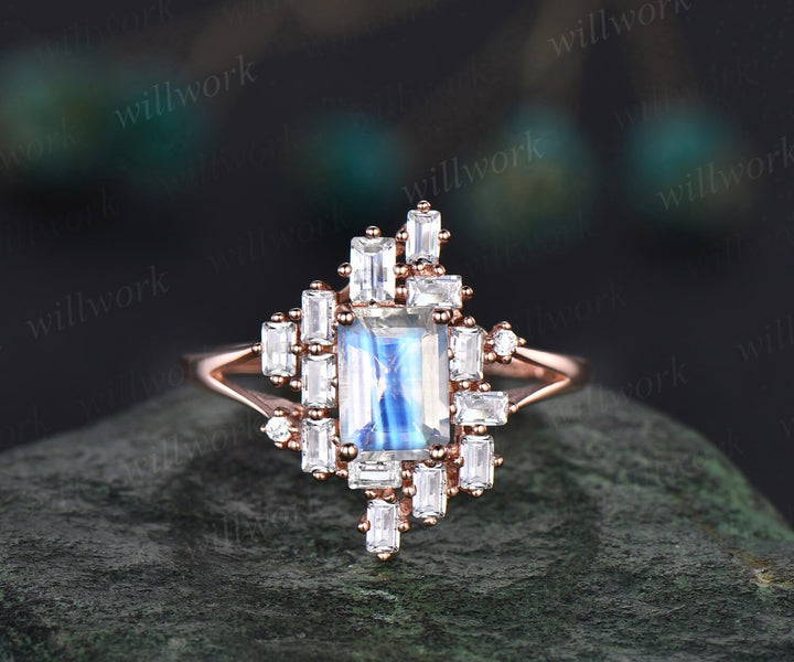 Moonstone ring vintage Emerald cut moonstone engagement ring baguette cut split shank engagement ring rose gold promise wedding ring women