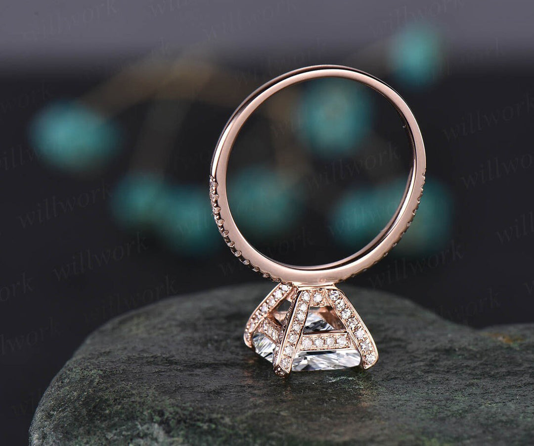 4ct moissanite ring vintage princess cut moissanite engagement ring 14k rose gold unique pyramid under halo basket diamond ring women her