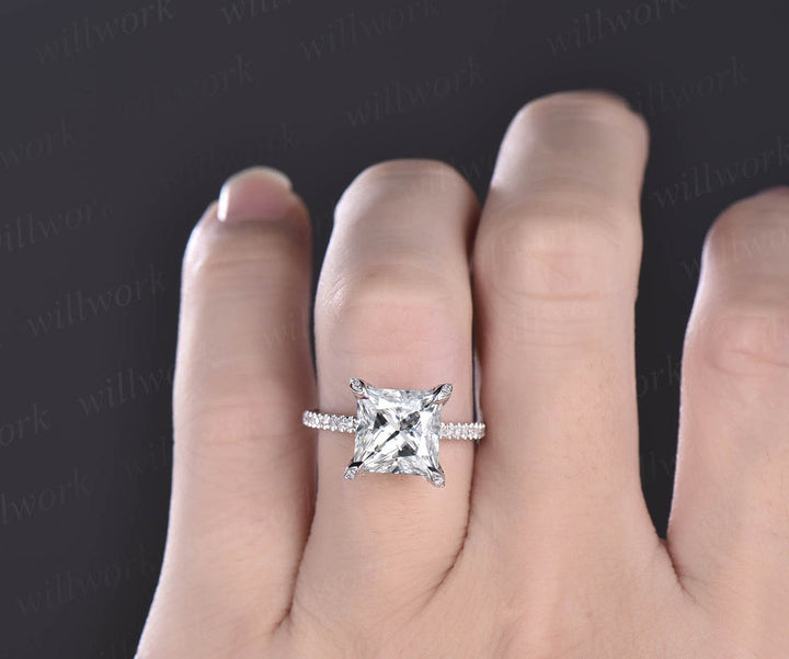 4ct moissanite ring vintage princess cut moissanite engagement ring 14k rose gold unique pyramid under halo basket diamond ring women her