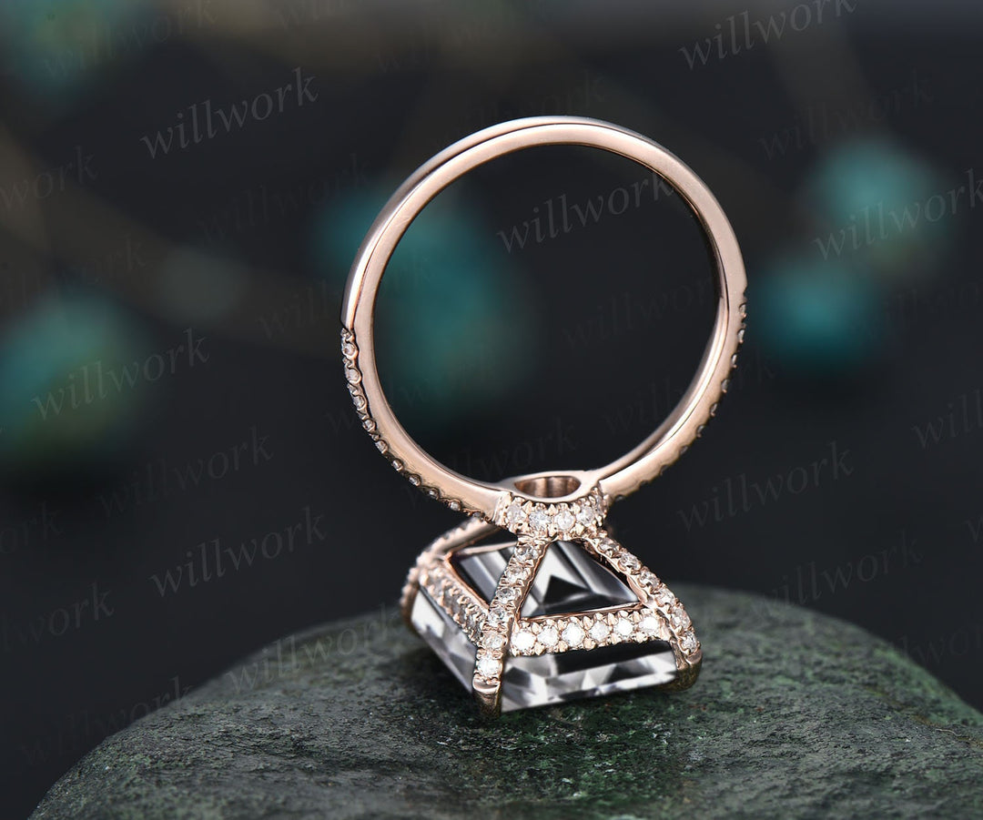 6ct 10x12mm emerald cut moissanite engagement ring 14k rose gold under halo basket diamond ring unique wedding promise ring women jewelry