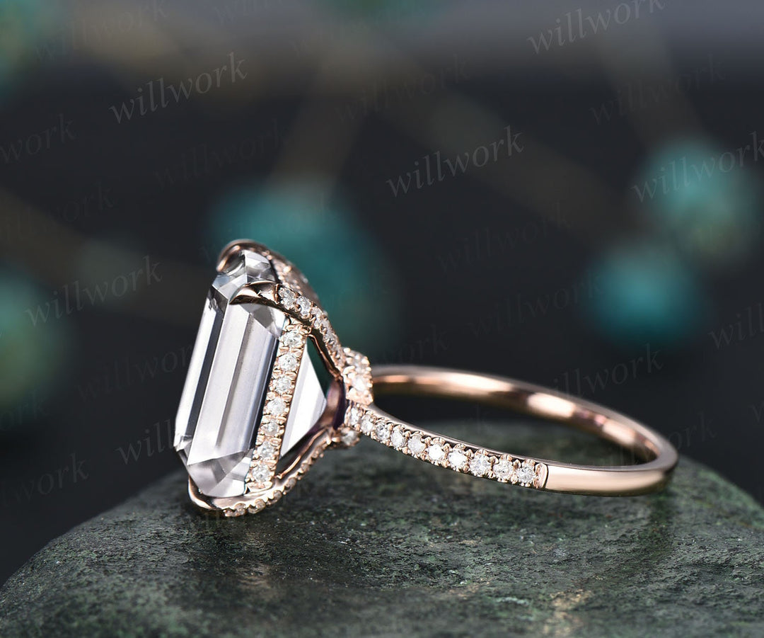 6ct 10x12mm emerald cut moissanite engagement ring 14k rose gold under halo basket diamond ring unique wedding promise ring women jewelry