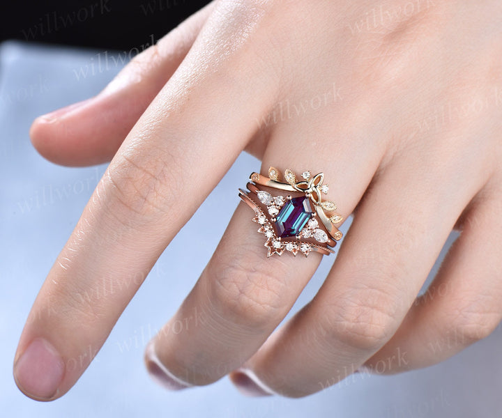 Alexandrite ring gold unique Long hexagon cut Alexandrite engagement ring set art deco diamond ring bridal wedding ring set women jewelry