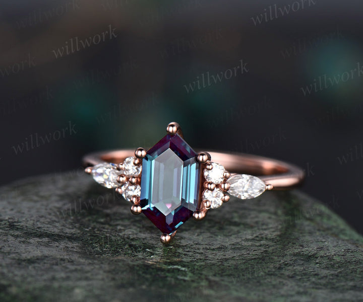 Alexandrite ring gold unique Long hexagon cut Alexandrite engagement ring set art deco diamond ring bridal wedding ring set women jewelry