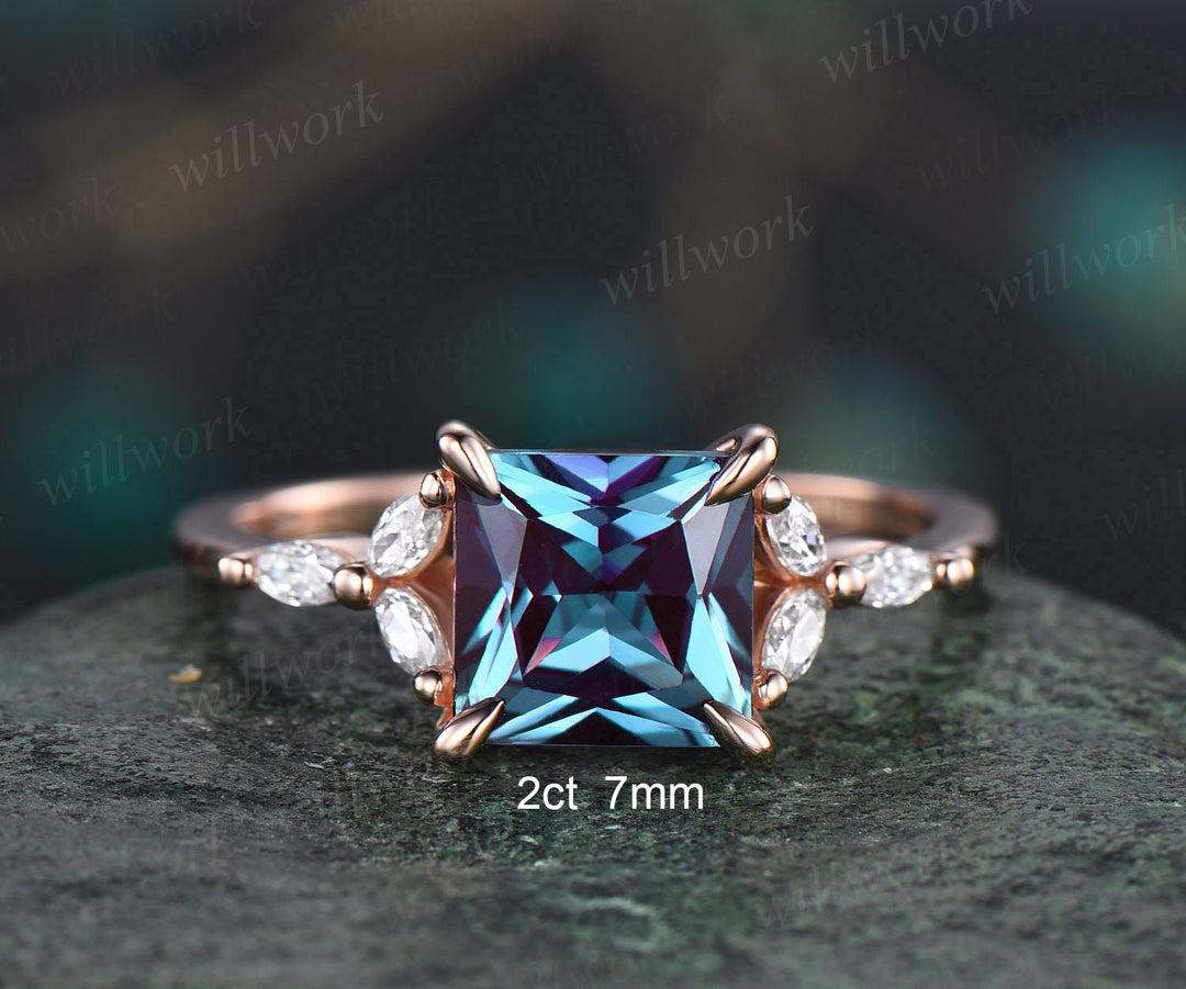 4ct Alexandrite ring unique princess cut engagement ring 14k rose gold flower marquise cut diamond ring women promise anniversary ring gifts