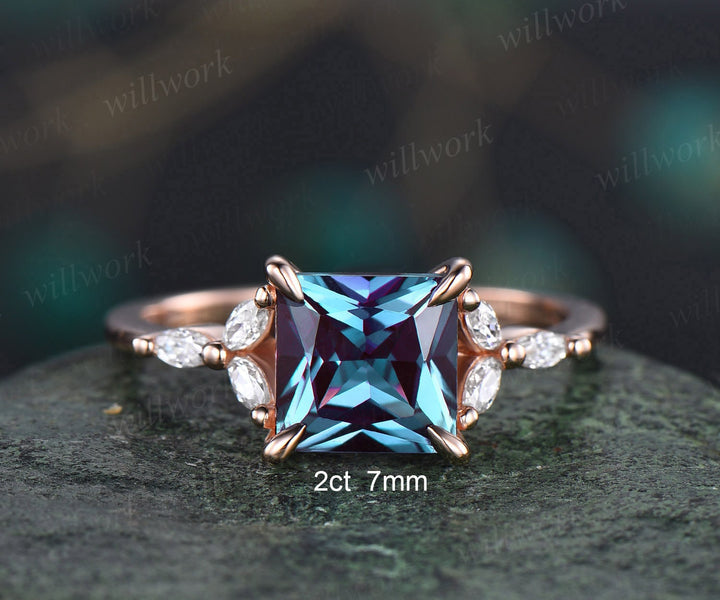 4ct Alexandrite ring unique princess cut engagement ring 14k rose gold flower marquise cut diamond ring women promise anniversary ring gifts