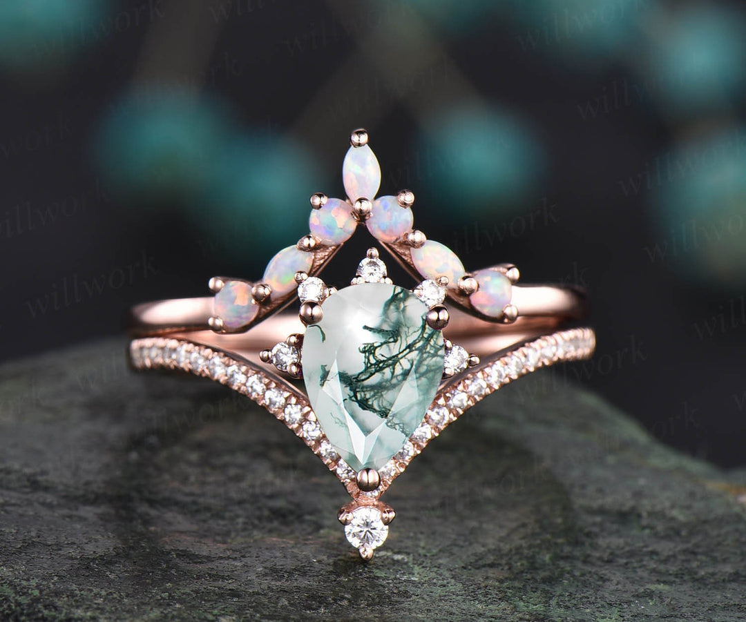 Pear shaped green moss agate ring cluster engagement ring set 14k rose gold moissanite opal ring women unique bridal anniversary ring set