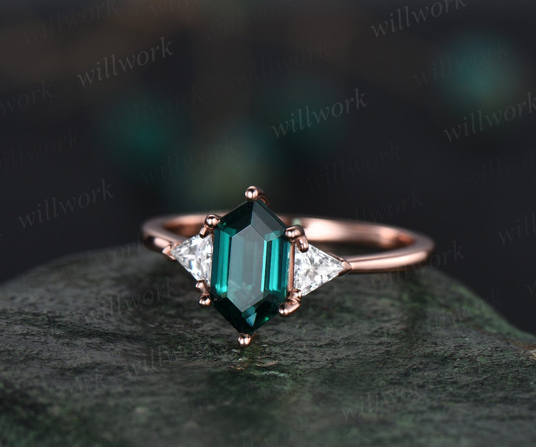 Amethyst emerald ring set women vintage three stone engagement ring set solid 14k rose gold 6 prong moissanite promise ring set her gifts