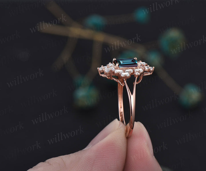 Vintage emerald cut Alexandrite engagement ring 14k rose gold baguette cut emerald ring women cluster moissanite wedding anniversary ring