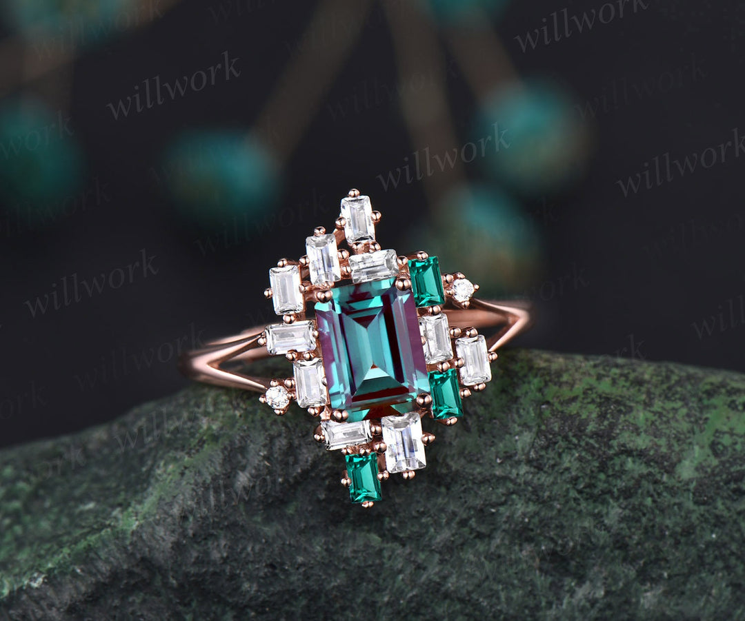 Vintage emerald cut Alexandrite engagement ring 14k rose gold baguette cut emerald ring women cluster moissanite wedding anniversary ring