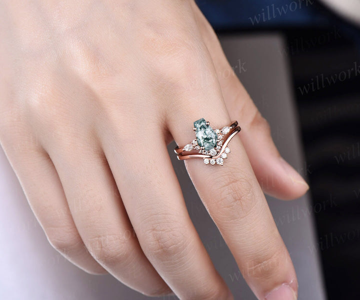 Vintage Coffin shaped green moss agate engagement ring 14k rose gold silver art deco diamond promise anniversary wedding ring set women gift