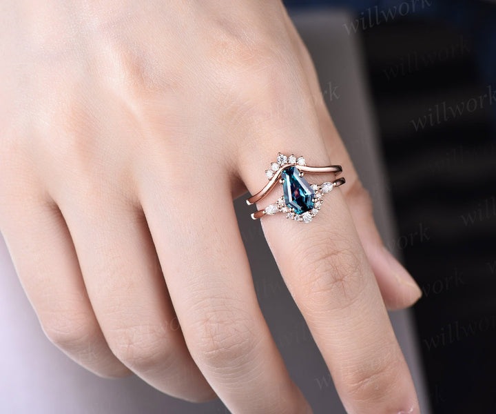 Coffin shaped Alexandrite ring unique engagement ring rose gold marquise cut diamond ring for women stacking promise wedding ring set gifts